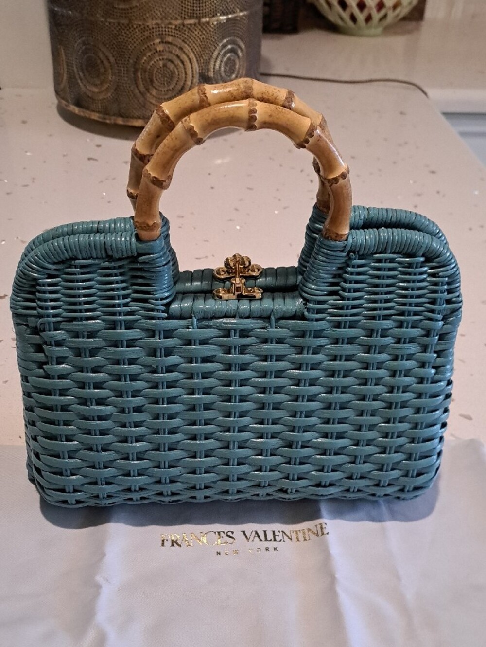 Frances Valentine Teal Buzzy Basket Woven Tote with Bamboo Top Handle - Picture 4 of 16